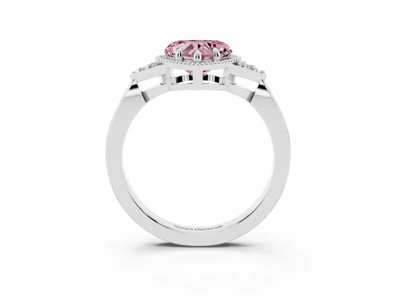 Fancy Pink Heart Cut Diamond Milgrain Solitaire Ring Set in Platinum with Tapered Pavé Band and Prong Setting