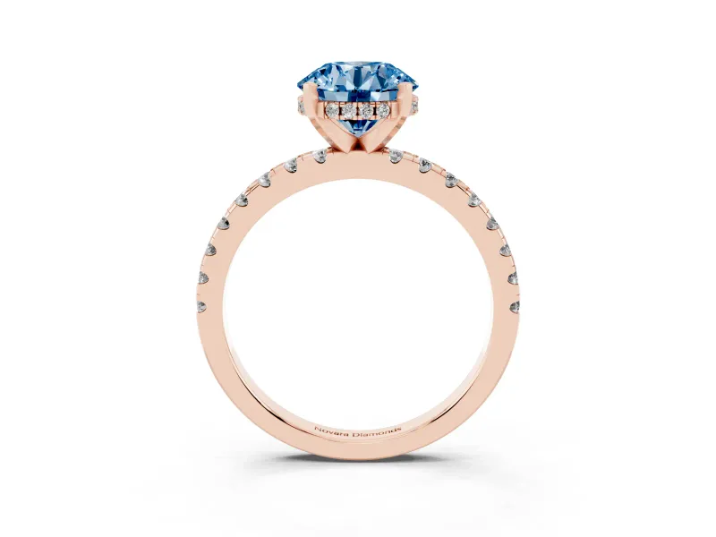 Round Hidden Halo Solitaire Engagement Ring Setting for a Fancy Blue Lab-Grown Diamond | Pave Band | Rose Gold