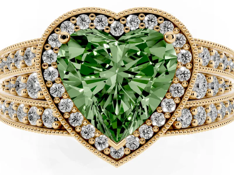 Heart-Shaped Milgrain Halo Engagement Ring Setting for a Fancy Green Lab-Grown Diamond | Split Shank | Yellow Gold