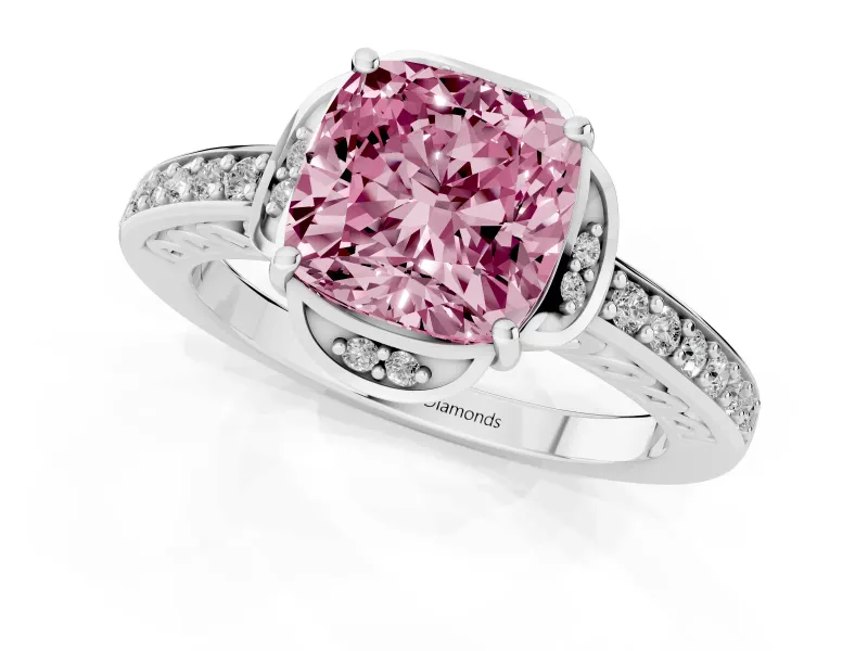 Cushion Cut Floral Pavé Engagement Ring Setting for a Fancy Pink Lab-Grown Diamond | White Gold