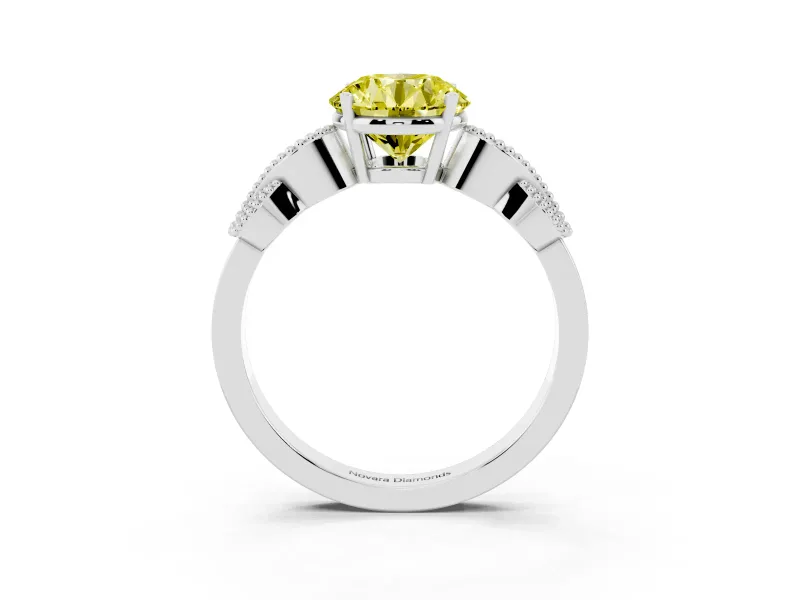 Fancy Yellow Round Cut Diamond Milgrain Leaf Band Solitaire Ring Set in Silver with Accent Stones and Prong Setting