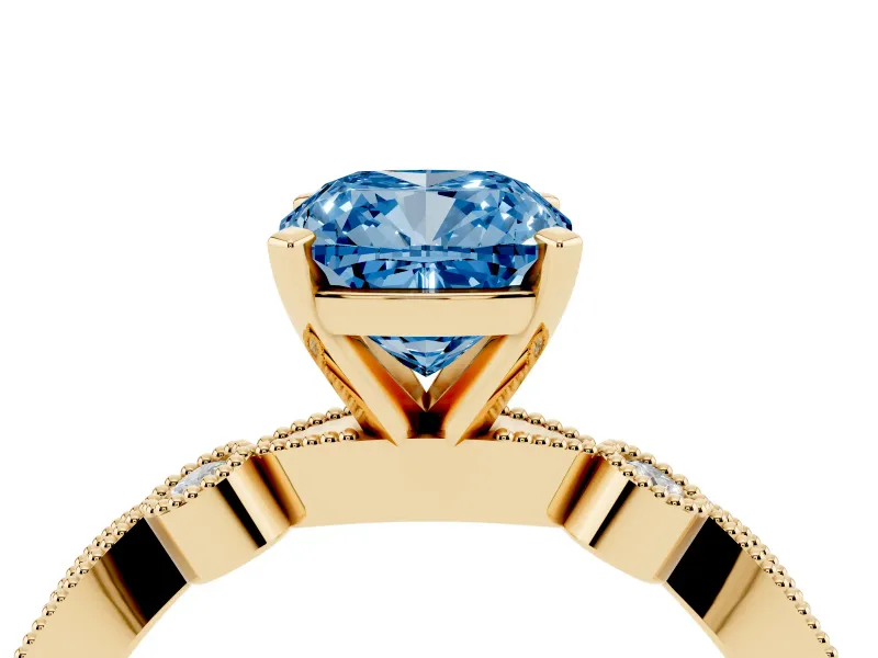 Fancy Blue Cushion Cut Diamond Solitaire Engagement Ring Set in Yellow gold with Milgrain Bezel Accent Band
