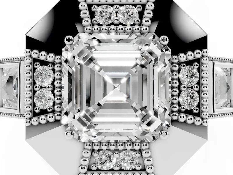 Asscher Cut Diamond Milgrain Halo Ring Set in Silver with Split Shank