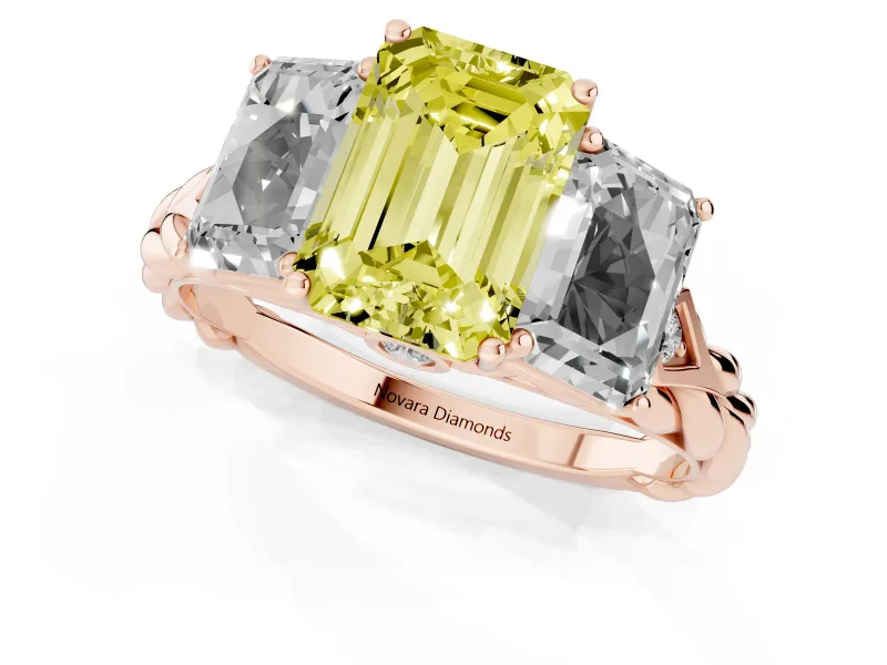 Emerald Cut Three Stone Engagement Ring Setting for a Fancy Yellow Lab-Grown Diamond | Braided Band | Rose Gold