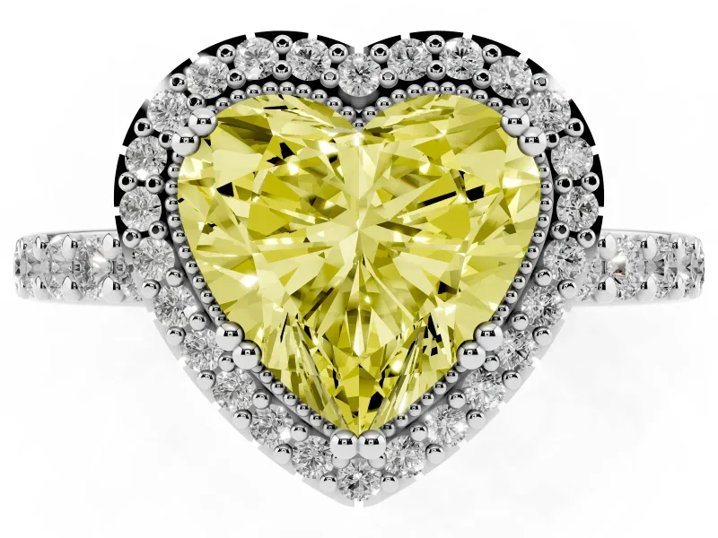Fancy Yellow Heart Cut Diamond Halo Engagement Ring Set in White gold with Milgrain Detail and Pavé Band