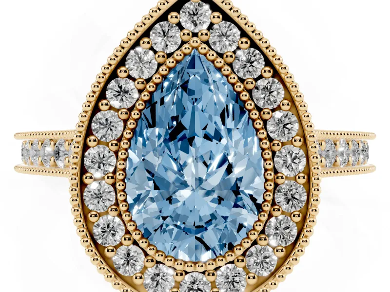Pear-Shaped Vintage Milgrain Halo Engagement Ring Setting for a Fancy Blue Lab-Grown Diamond | Bezel Head | Yellow Gold