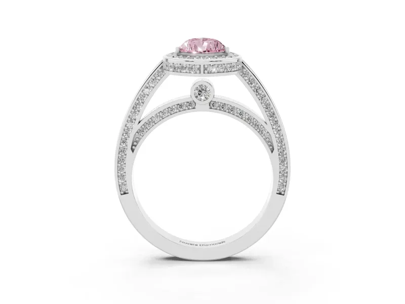Fancy Pink Pear Cut Diamond Halo Pavé Split Shank Ring Set in White gold with Prong Setting