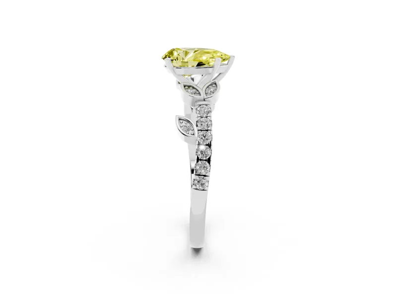 Fancy Yellow Pear Cut Diamond Solitaire Leaf-Inspired Ring Set in Platinum with Pavé Band and Prong Setting