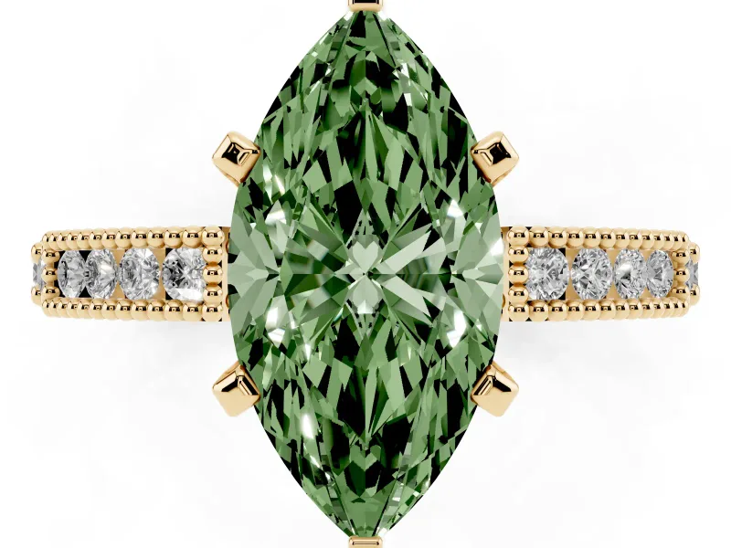 Fancy Green Marquise Cut Diamond Solitaire Ring Set in Yellow gold with Slim Pavé Band and Prong Setting