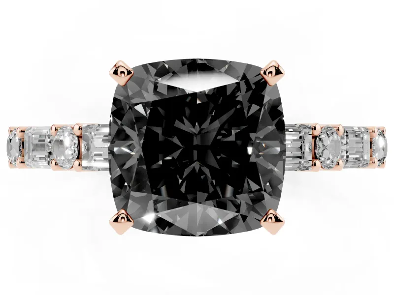 Cushion Cut Baguette Side Stone Engagement Ring Setting for a Black Center | Rose Gold