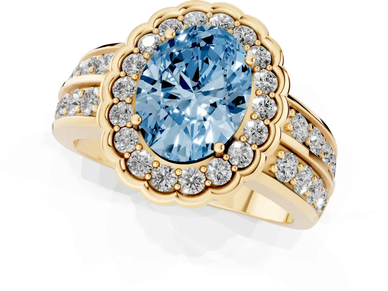 Fancy Blue Oval Cut Diamond Scalloped Halo Ring Set in Yellow gold with Pavé Split Shank