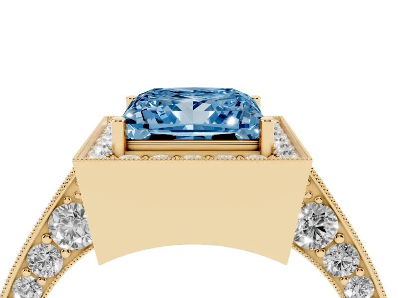 Princess Cut Milgrain Halo Engagement Ring Setting for a Fancy Blue Lab-Grown Diamond | Side Stones | Yellow Gold