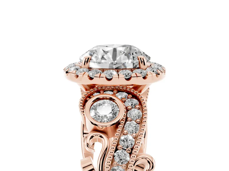 Round Cut Diamond Halo Ring Set in Rose gold with Milgrain Pavé Band and Prong Setting