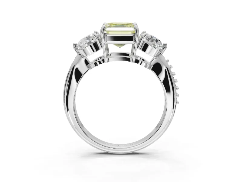 Asscher Cut Three Stone Engagement Ring Setting for a Fancy Yellow Lab-Grown Diamond | Tapered Pave Band | Platinum