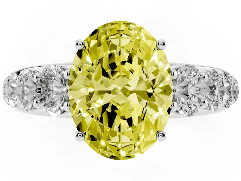 Oval Graduated Side Stone Engagement Ring Setting for a Fancy Yellow Lab-Grown Diamond | Flat Top Band | Platinum