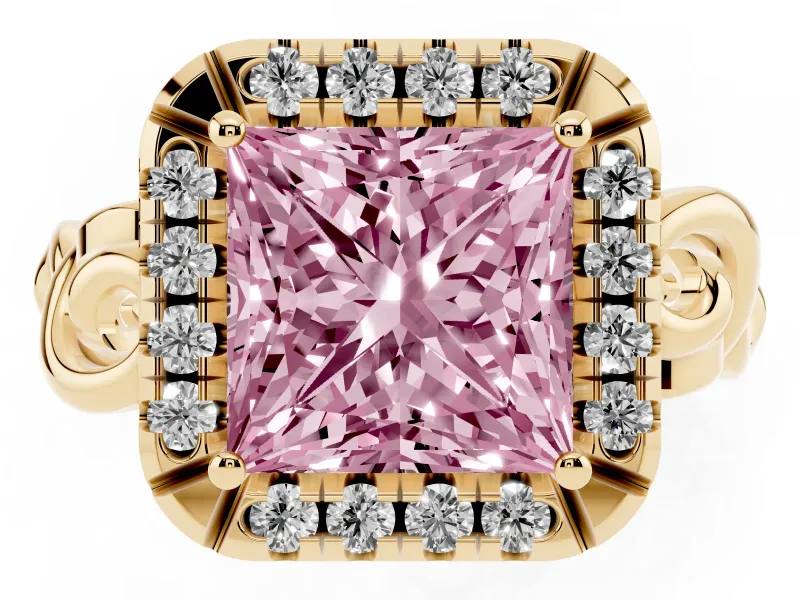Princess Cut Filigree Halo Engagement Ring Setting for a Fancy Pink Lab-Grown Diamond | Yellow Gold