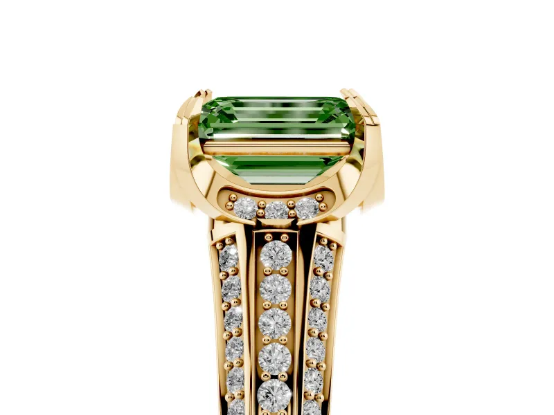 Fancy Green Emerald Cut Diamond Pavé Split Shank Solitaire Ring Set in Yellow gold with Prong Setting
