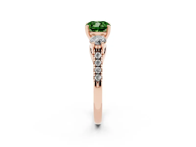 Fancy Green Three-Stone Cushion Cut Diamond Pavé Band Ring Set in Rose gold with Prong-Set Trio