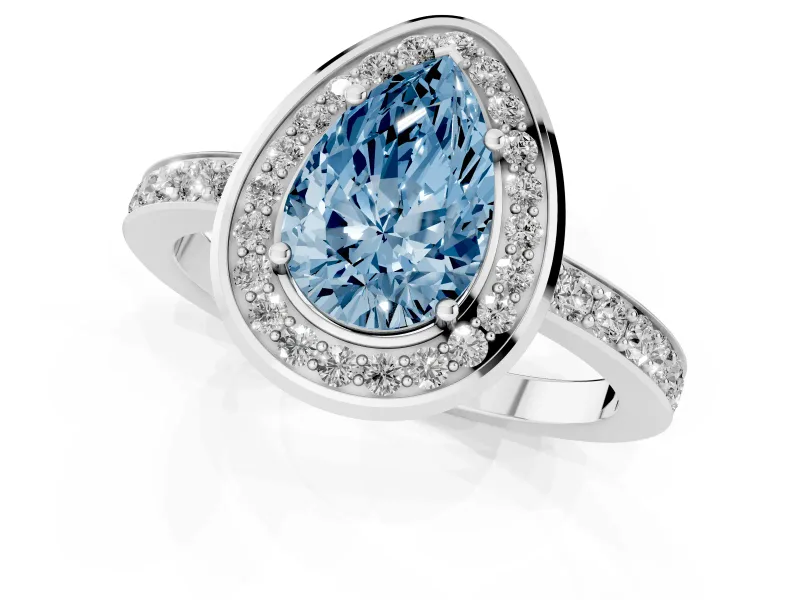 Fancy Blue Pear Cut Diamond Halo Ring Set in White gold with Bezel Frame and Pavé Band