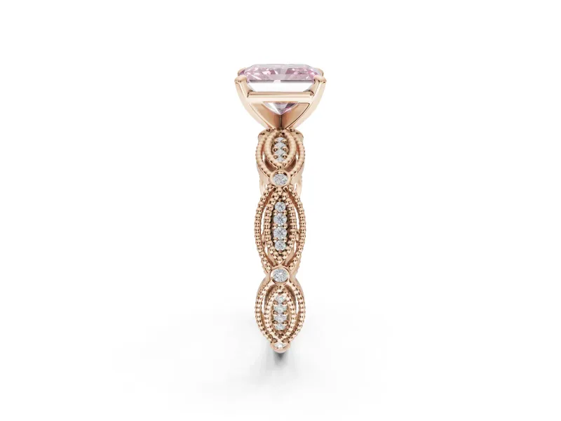 Radiant Cut Vintage Milgrain Engagement Ring Setting for a Fancy Pink Lab-Grown Diamond | Graduated Stations | Rose Gold