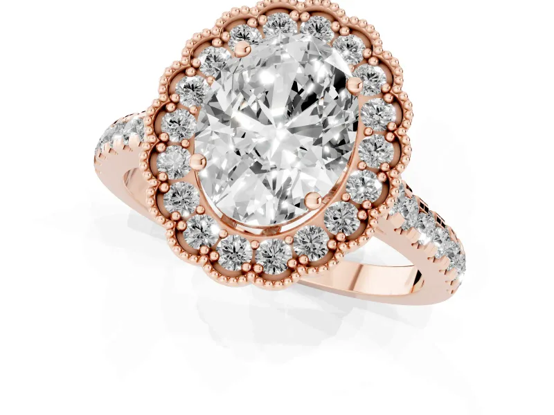 Oval Cut Diamond Milgrain Floral Halo Engagement Ring Set in Rose gold with Pavé Band