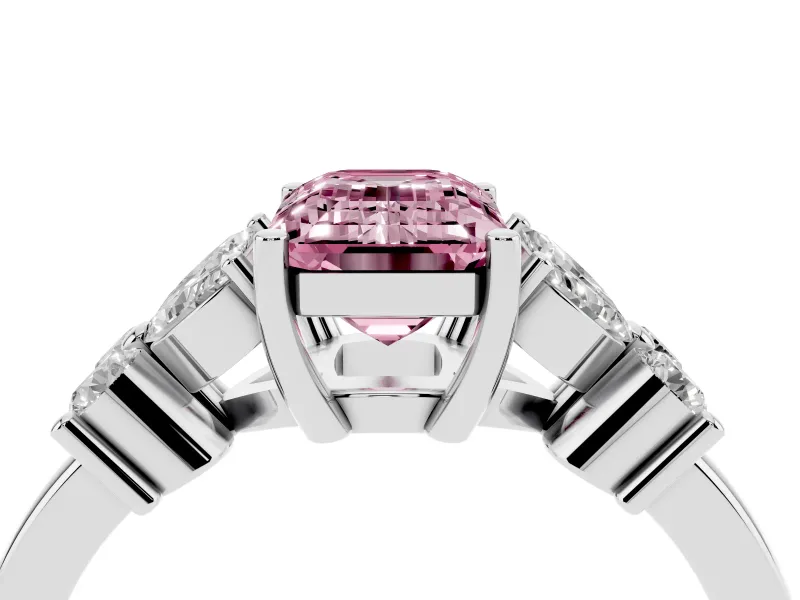 Fancy Pink Emerald Cut Diamond Floral Cluster Ring Set in White gold with Marquise Petals and Prong Setting