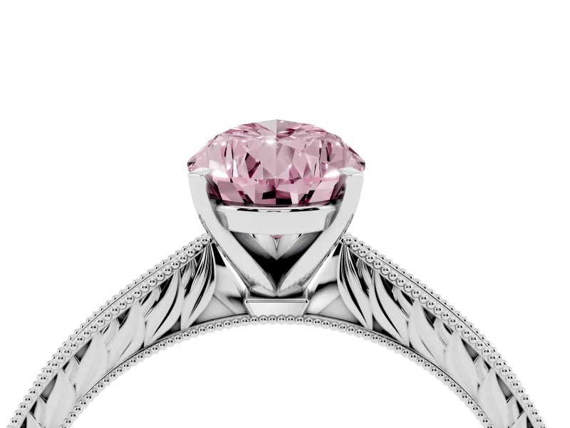 Fancy Pink Pear Cut Diamond Solitaire Milgrain Engraved Band Set in Silver with Prong Setting