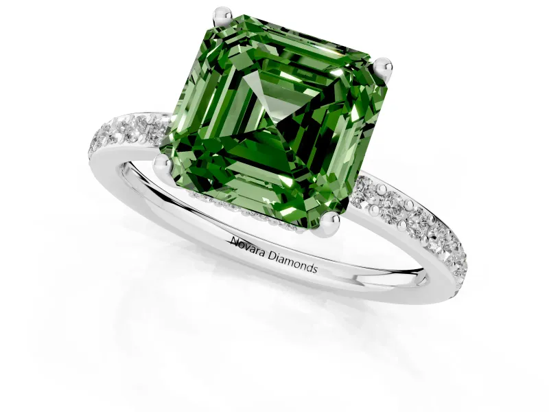 Fancy Green Asscher Cut Diamond Pavé Band Ring Set in Platinum with Prong-Set Center Stone