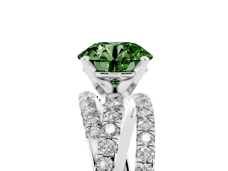 Fancy Green Round Cut Diamond Solitaire Twist Band Ring Set in Silver with Pavé Setting and Prong Head