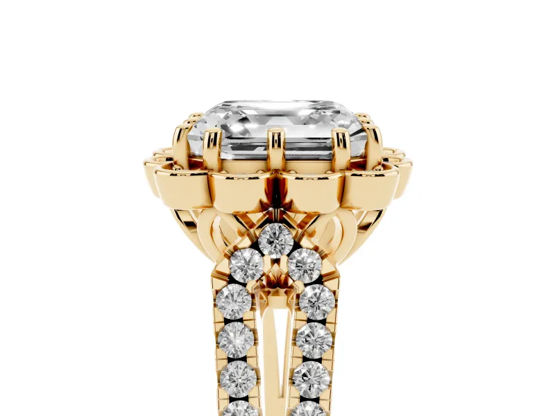 Asscher Cut Petal Frame Floral Halo Engagement Ring Setting | Pavé Split Shank | Yellow Gold