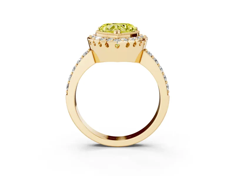 Heart-Shaped Milgrain Halo Engagement Ring Setting for a Fancy Yellow Lab-Grown Diamond | Pavé Shoulders | Yellow Gold