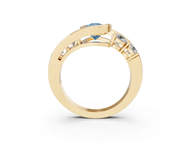 Fancy Blue Pear Cut Diamond Bezel Bypass Ring Set in Yellow gold with Round Accents