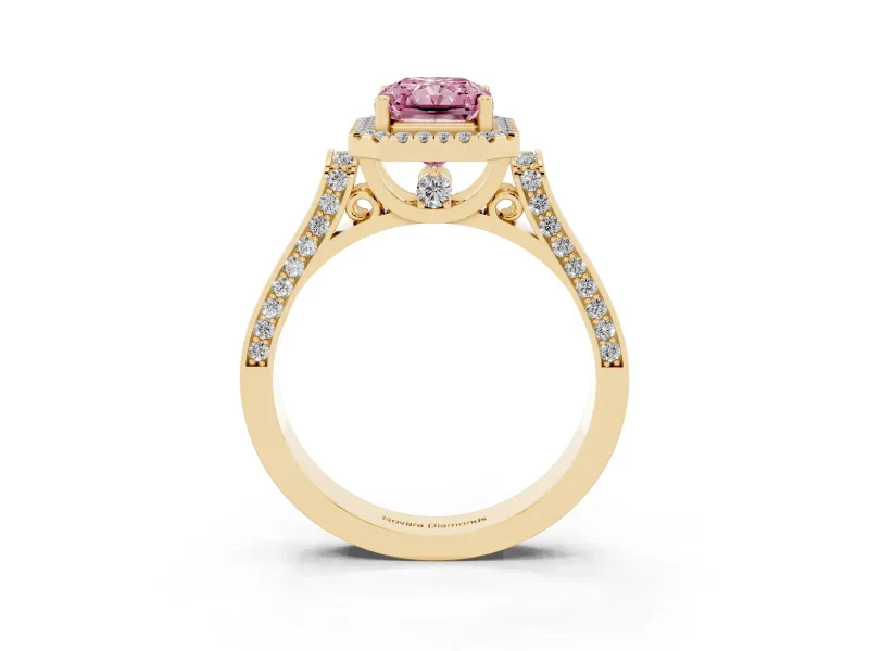 Radiant Cut Halo Engagement Ring Setting for a Fancy Pink Lab-Grown Diamond | Pavé Panel Shoulders | Yellow Gold
