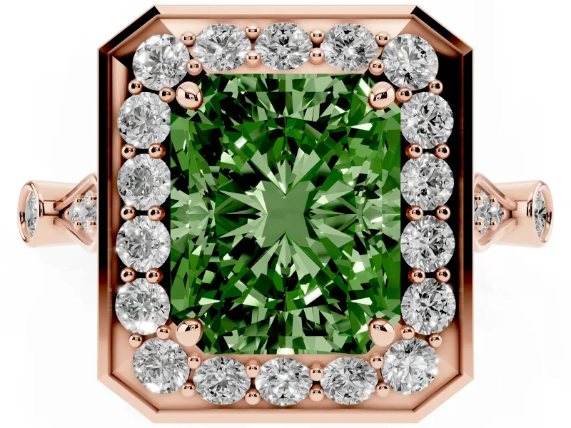 Radiant Cut Halo Engagement Ring Setting for a Fancy Green Lab-Grown Diamond | Bezel Station Shoulders | Rose Gold