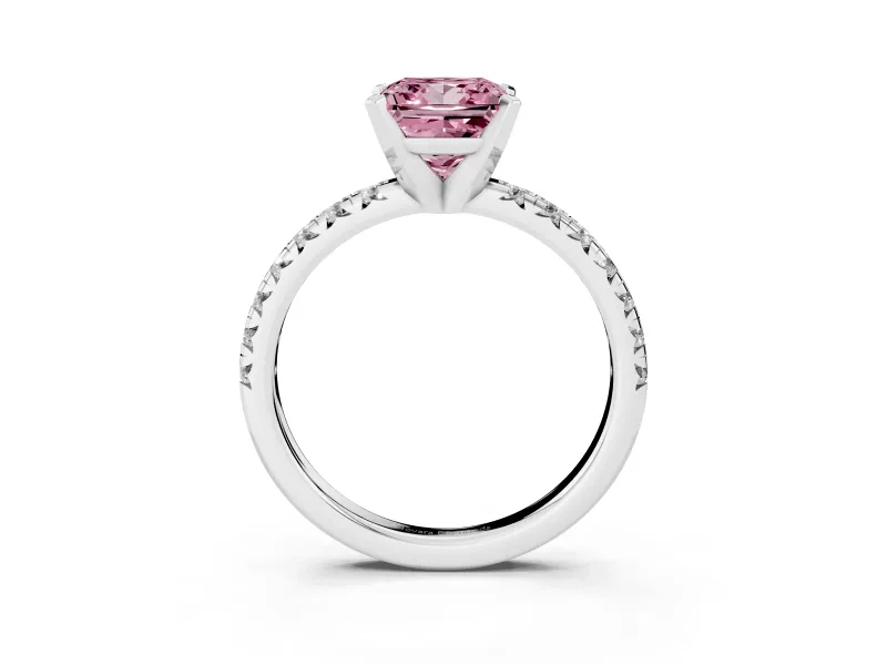 Fancy Pink Princess Cut Diamond Solitaire Pavé Engagement Ring Set in Platinum with Round Band and Prong Setting