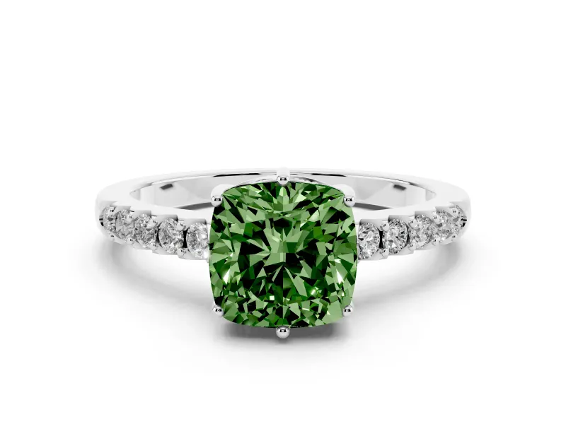 Fancy Green Cushion Cut Diamond Solitaire Engagement Ring Set in White gold with Pavé Band and Prong Setting