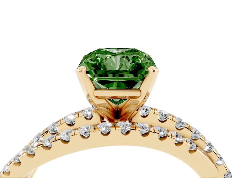 Fancy Green Radiant Cut Diamond Solitaire Twist Band Ring Set in Yellow gold with Pavé Setting and Prong Head