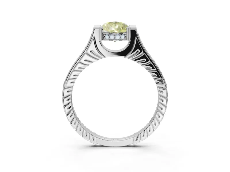 Pear-Shaped Vintage Cathedral Engagement Ring Setting for a Fancy Yellow Lab-Grown Diamond | Carved Band | Platinum