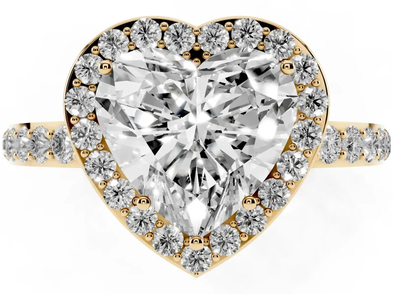 Heart Cut Diamond Halo Ring Set in Yellow gold with Pavé-Setting Band and Open Prong Center