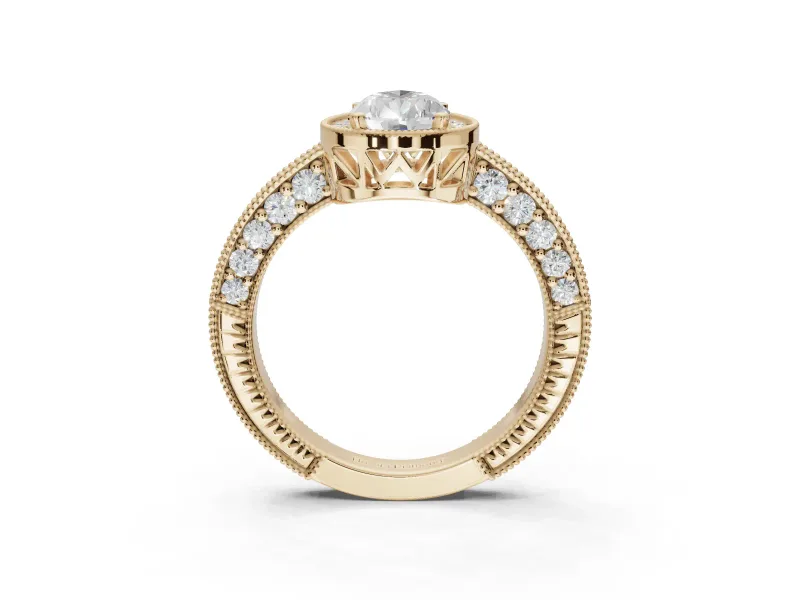 Pear-Shaped Vintage Milgrain Halo Engagement Ring Setting | Wide Pavé Band | Yellow Gold
