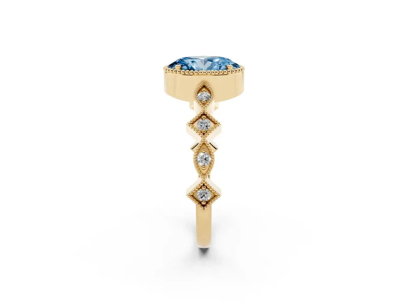 Fancy Blue Oval Cut Diamond Milgrain Marquise Twist Band Ring Set in Yellow gold with Prong Setting