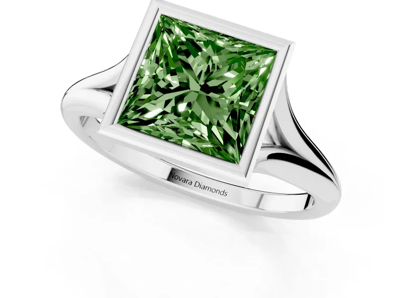 Fancy Green Bezel Set Princess Cut Diamond Solitaire Ring Set in Platinum with Tapered Band