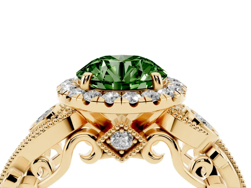 Round Vintage Halo Engagement Ring Setting for a Fancy Green Lab-Grown Diamond | Bezel Shoulder Accents | Yellow Gold