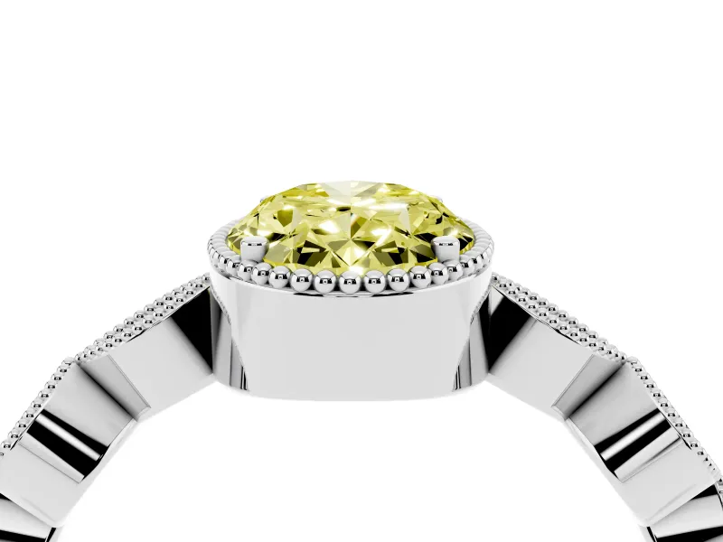 Fancy Yellow Oval Cut Diamond Vintage-Inspired Milgrain Ring Set in White gold with Marquise Stations of Round Accents
