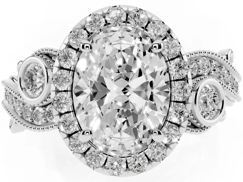 Oval Cut Diamond Halo Ring Set in Silver with Milgrain Pavé Band and Prong Setting