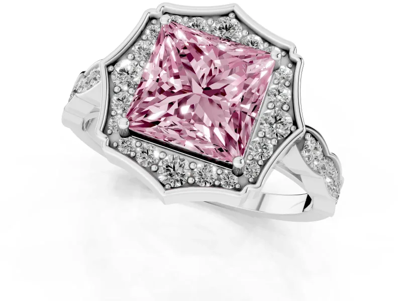 Fancy Pink Princess Cut Diamond Halo Engagement Ring Set in Silver with Milgrain Band and Prong Setting