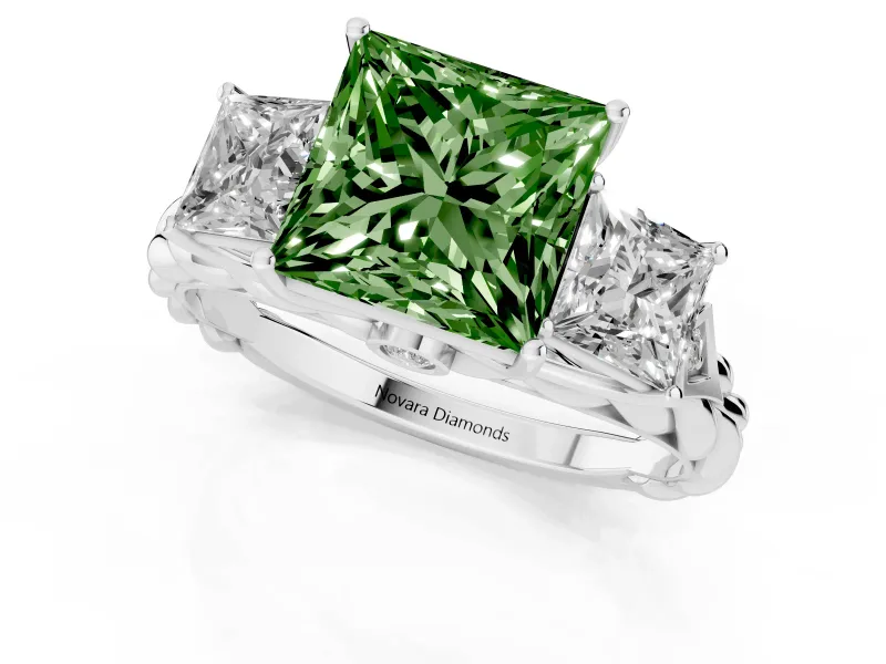 Fancy Green Princess Cut Diamond Three-Stone Ring Set in Platinum with Braided Band