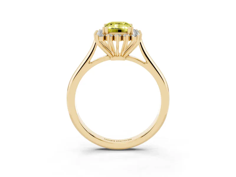 Fancy Yellow Emerald Cut Diamond Halo Ring Set in Yellow gold with Plain Solitaire Band and Prong Setting