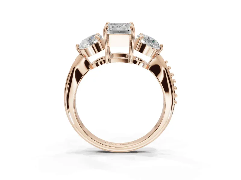 Emerald Cut Three Stone Engagement Ring Setting | Tapered Pave Band | Rose Gold