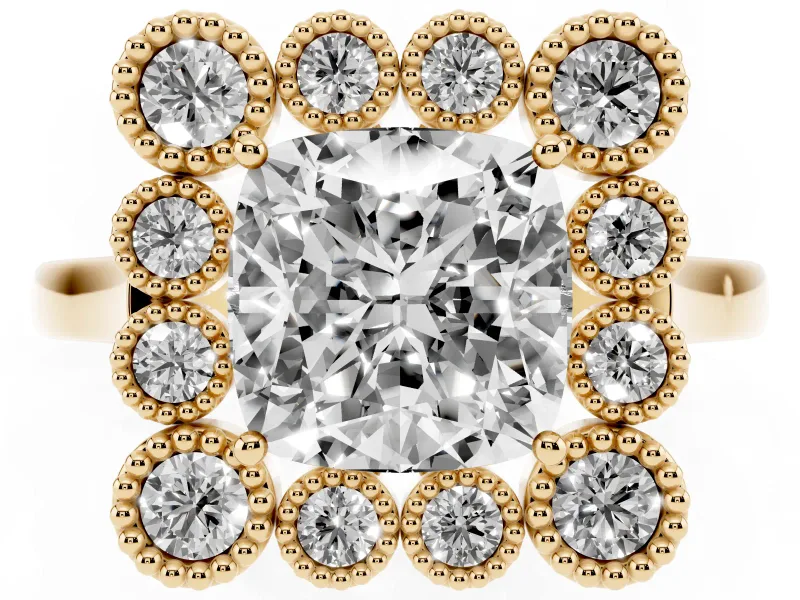 Cushion Cut Vintage Milgrain Bezel Cluster Halo Engagement Ring Setting | Plain Band | Yellow Gold
